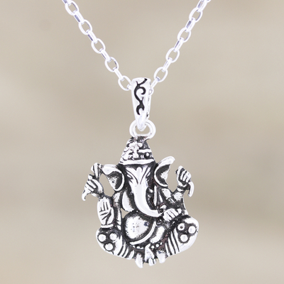 Sterling silver pendant necklace, 'Sitting Ganesha' - Sterling Silver Ganesha Pendant Necklace