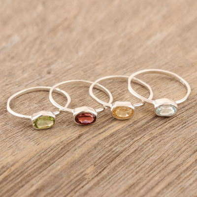 Gemstone single stone rings, 'Four Elements' (set of 4) - Peridot and Garnet Single Stone Rings (Set of 4)