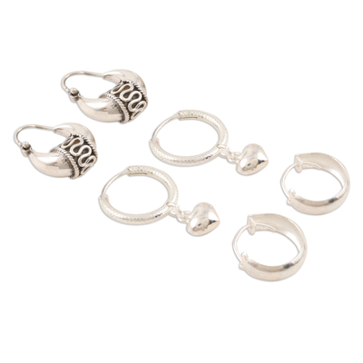 Sterling silver hoop earrings, 'Dancing Barefoot' (set of 3) - Handmade Sterling Silver Hoop Earrings