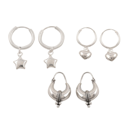 Sterling silver hoop earrings, 'Heart and Star' (set of 3) - Hand Crafted Sterling Silver Hoop Earrings