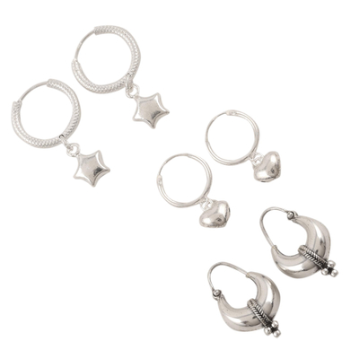Sterling silver hoop earrings, 'Heart and Star' (set of 3) - Hand Crafted Sterling Silver Hoop Earrings