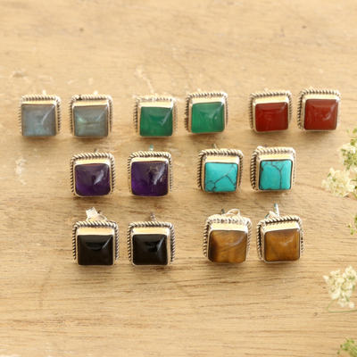 Gemstone stud earrings, 'Color Magic' (set of 7) - Hand Made Square Stud Earrings (Set of 7)