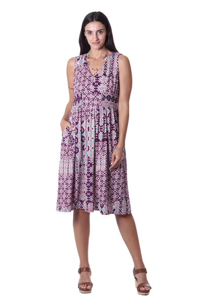 Viscose sundress, 'Meena Bazaar in Purple' - Printed Viscose Sundress from India