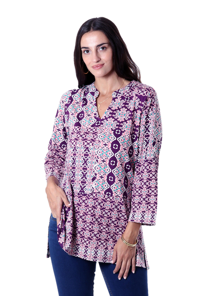 Viscose tunic, 'Meena Bazaar in Purple' - Artisan Crafted Viscose Tunic