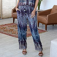 Pantalones de viscosa bordados, 'Jaipur Twilight' - Pantalones de viscosa estampados y teñidos