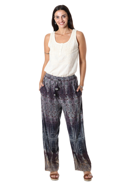 Embroidered viscose pants, 'Jaipur Twilight' - Printed and Tie-Dyed Viscose Pants