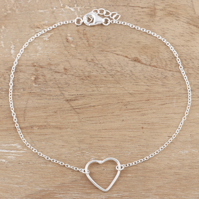 Sterling silver anklet, 'Intimate Heart' - Hand Made Sterling Silver Heart Anklet