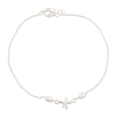 Cultured pearl anklet, 'Dragonfly Over Water' - Cultured Pearl and Sterling Silver Anklet