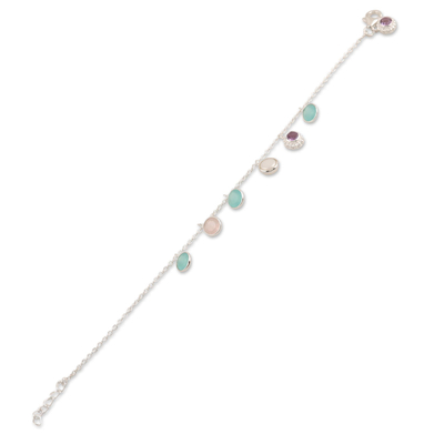 Multi-gemstone charm bracelet, 'Prismatic Fusion' - Amethyst and Rose Quartz Charm Bracelet