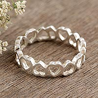 Sterling silver band ring, 'Garland of Hearts' - Sterling Silver Heart-Motif Band Ring