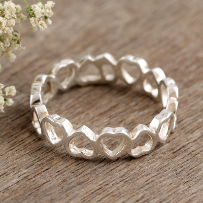 Sterling silver band ring, Garland of Hearts