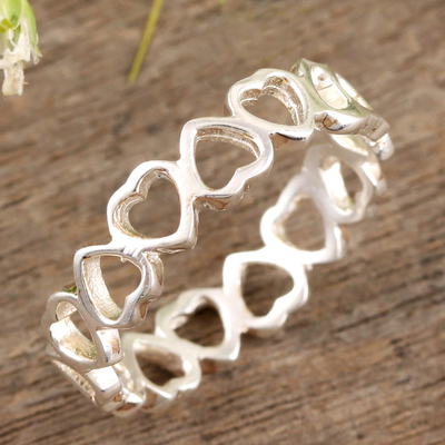 Sterling silver band ring, 'Garland of Hearts' - Sterling Silver Heart-Motif Band Ring
