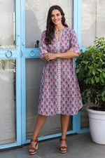Cotton shift dress, 'Spring Fiesta' - Screen Printed Floral-Motif Shift Dress