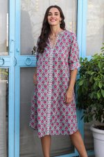 Cotton shift dress, 'Spring Fiesta' - Screen Printed Floral-Motif Shift Dress