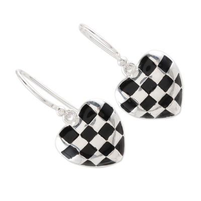 Sterling silver dangle earrings, 'Checkered Past' - Sterling Silver Heart-Shaped Dangle Earrings