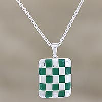 Sterling silver pendant necklace, 'Green Checkerboard' - Hand Painted Sterling Silver Pendant Necklace