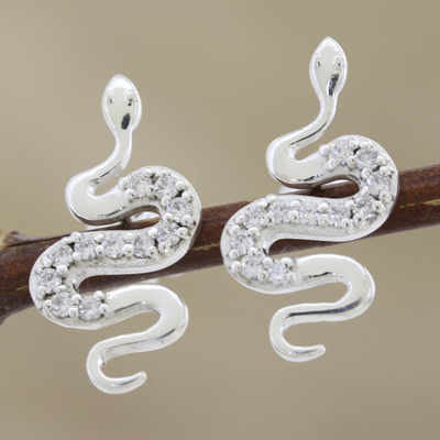 Cubic zirconia drop earrings, 'Snake in the Sun' - Cubic Zirconia and Sterling Silver Snake Earrings