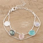 Multi-gemstone charm bracelet, 'Seaside Town' - Rainbow Moonstone and Rose Quartz Charm Bracelet