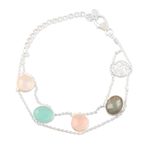 Multi-gemstone charm bracelet, 'Seaside Town' - Rainbow Moonstone and Rose Quartz Charm Bracelet