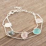 Multi-gemstone charm bracelet, 'Seaside Town' - Rainbow Moonstone and Rose Quartz Charm Bracelet