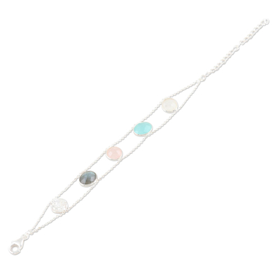 Multi-gemstone charm bracelet, 'Seaside Town' - Rainbow Moonstone and Rose Quartz Charm Bracelet