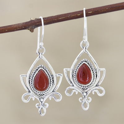 Onyx dangle earrings, 'Sunset Lotus' - Sterling Silver and Red Onyx Dangle Earrings