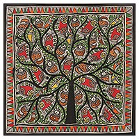 Madhubani painting, 'Tree of Harmony' - Colorful Madhubani Painting on Handmade Paper