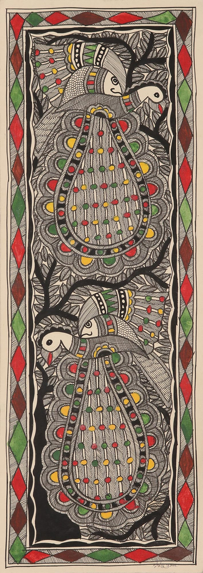 Madhubani Bird and Tree Painting on Handmade Paper