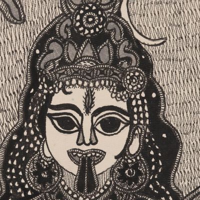 Pintura Madhubani, 'Dakshinakali' - Pintura de la diosa Madhubani sobre papel hecho a mano