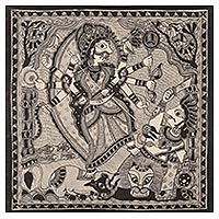 Madhubani painting, 'Supreme Durga' - Signed Madhubani Goddess Painting on Handmade Paper