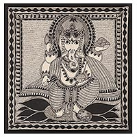 Madhubani-Gemälde, „Auspicious Ganesha“ – Madhubani Ganesha-Gemälde auf handgeschöpftem Papier