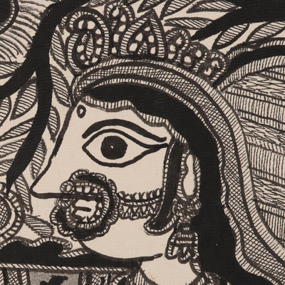 Madhubani painting, 'Radha and Krishna's Love' - Madhubani Krishna Painting on Handmade Paper