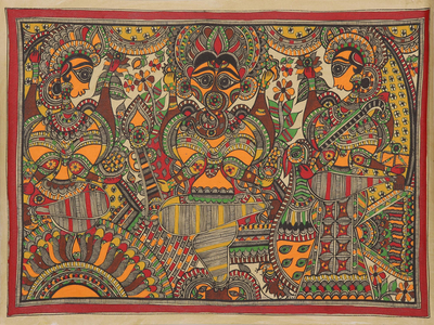 Madhubani painting, 'Powerful Ganesha' - Signed Madhubani Ganesha Painting on Handmade Paper