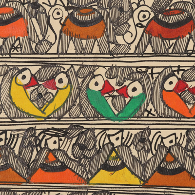 Madhubani painting, 'Living in Harmony' - Colorful Madhubani Bird Painting on Handmade Paper