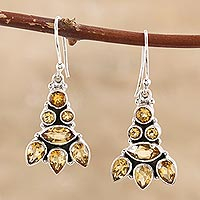 Citrine dangle earrings, 'Sparkling Tower' - Hand Crafted Sterling Silver and Citrine Dangle Earrings