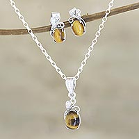 Rhodium-plated tiger's eye and cubic zirconia jewelry set, 'Peppy in Brown' - Rhodium-Plated Tiger's Eye and Cubic Zirconia Jewelry Set