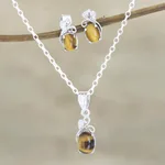 Rhodium-plated tiger's eye and cubic zirconia Jewellery set, 'Peppy in Brown' - Rhodium-Plated Tiger's Eye and Cubic Zirconia Jewellery Set