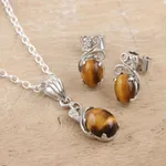 Rhodium-plated tiger's eye and cubic zirconia Jewellery set, 'Peppy in Brown' - Rhodium-Plated Tiger's Eye and Cubic Zirconia Jewellery Set