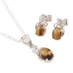 Rhodium-plated tiger's eye and cubic zirconia Jewellery set, 'Peppy in Brown' - Rhodium-Plated Tiger's Eye and Cubic Zirconia Jewellery Set