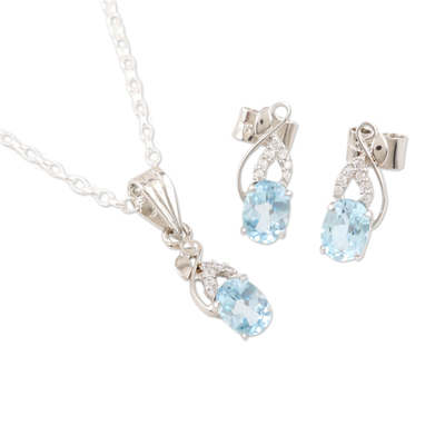 Rhodium-plated blue topaz and cubic zirconia Jewellery set, 'Peppy in Blue' - Rhodium-Plated Blue Topaz and Cubic Zirconia Jewellery Set