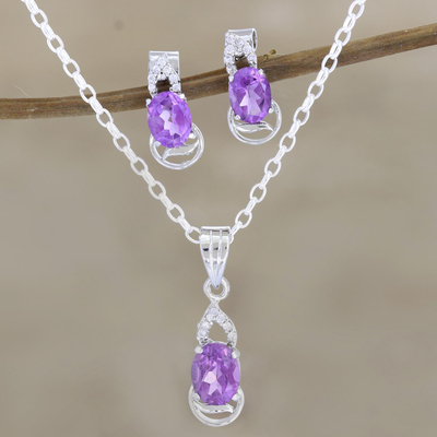 Rhodium-plated amethyst and cubic zirconia jewelry set, Peppy in Purple