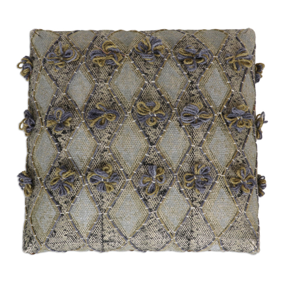 Embroidered cotton ottoman, 'Floral Diamonds' - Hand Embroidered Cotton and Acacia Wood Ottoman