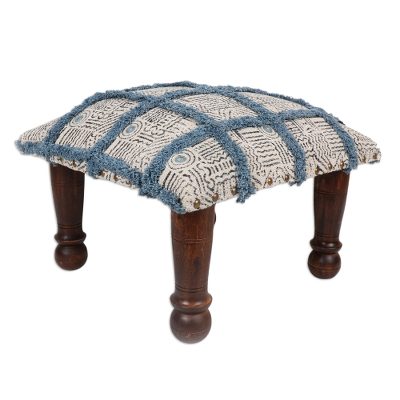 Embroidered cotton ottoman, 'Checkered Delight' - Handmade Embroidered Cotton and Wood Foot Stool