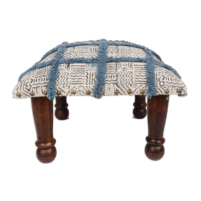 Embroidered cotton ottoman, 'Checkered Delight' - Handmade Embroidered Cotton and Wood Foot Stool