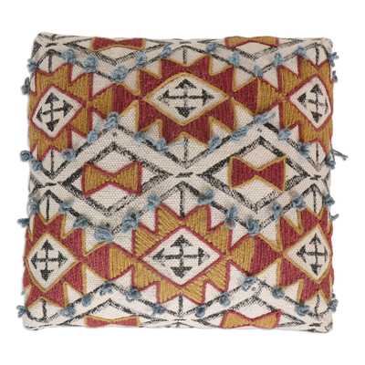 Embroidered cotton ottoman, 'Geometric Kites' - Artisan Embroidered Cotton and Wood Ottoman
