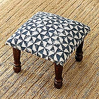 Cotton ottoman, 'Creative Flair' - Geometric Patterned Cotton and Acacia Wood Foot Stool