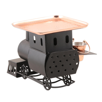 Iron and copper-plated snack platter and bowls, 'Party Engine' - Copper-Plated Snacking Train Set