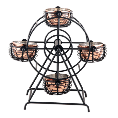 Iron and copper-plated snack bowls, 'Ferris Ride' - Copper-Plated Ferris Wheel Snack Bowls