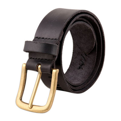 Men's black leather belt, 'Timeless Style' - Men's Black Leather Belt with Brass Buckle