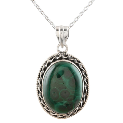 Malachite pendant necklace, 'Wood Nymph' - Sterling Silver and Malachite Pendant Necklace